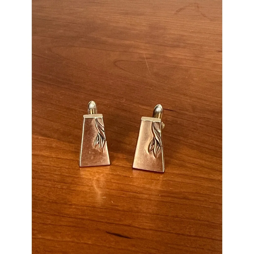 Vintage Gold Tone Trapezoid Leaf Motif Cufflinks Mens Formal Wedding Accessory